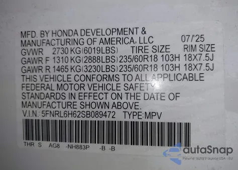 2025 Honda Odyssey Ex-L from USA, damaged, VIN 5FNRL6H62SB089472
